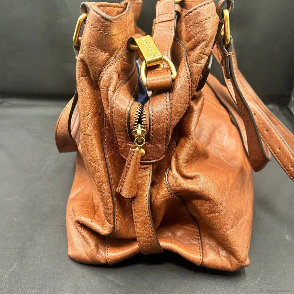 Juicy Couture Brown Buffalo Leather Satchel Crossbody Bag Gold Hardware Navy